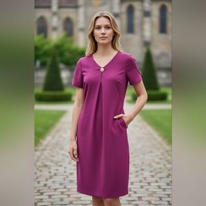 Liz Claiborne Magenta V-Neck Short Sleeve Midi Dress Career Cocktail 4